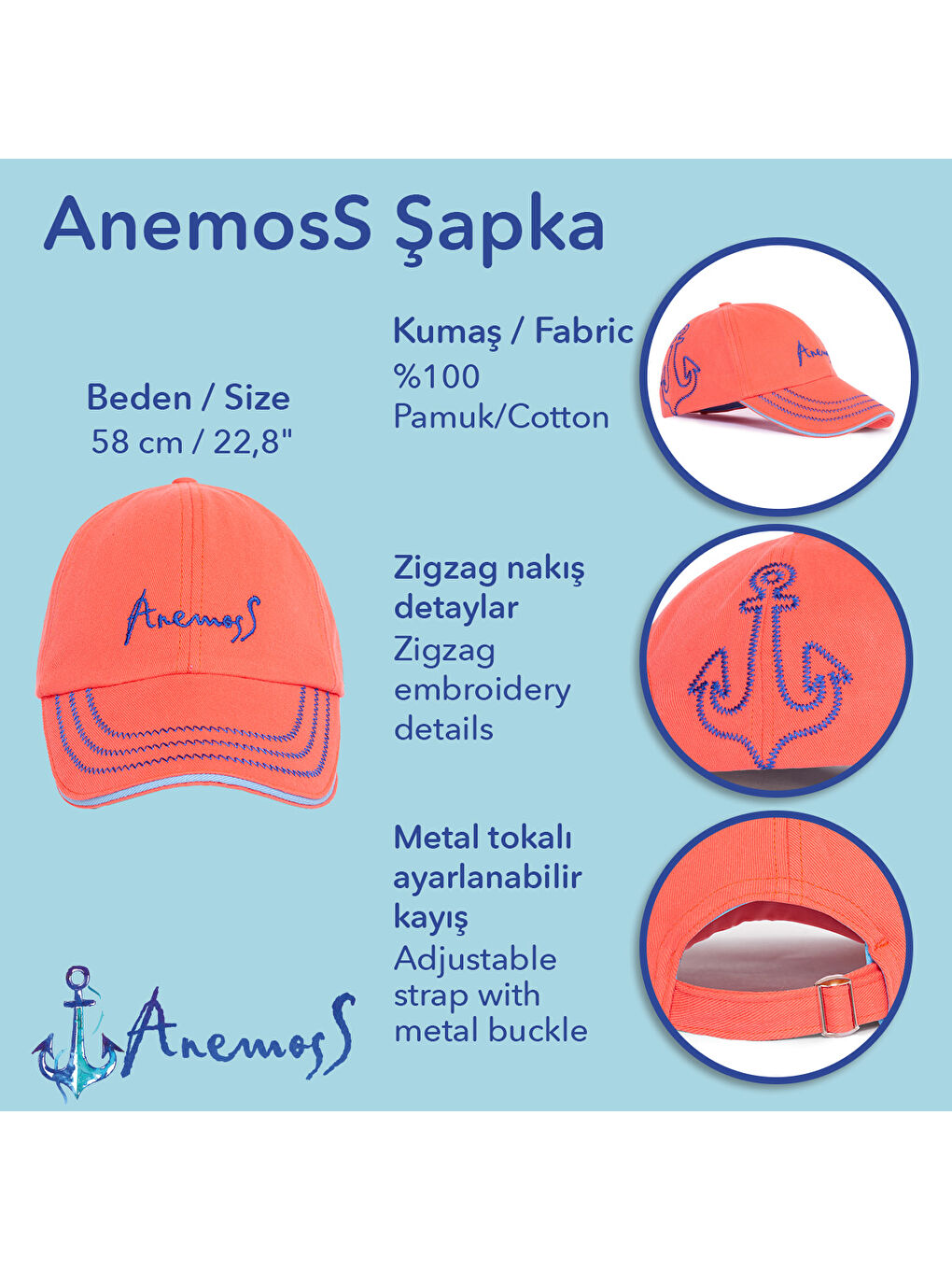 Turuncu Mercan Çapa Nakışlı Yazlık Şapka – Pamuklu, Hafif ve Nefes Alabilir Kumaş-5