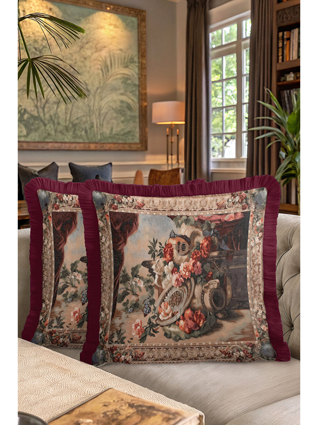 Karışık Barok Şıklık Saçaklı Yastık Kılıfı - Antik Vazo Klasik Bordo Püsküllü Kırlent Kılıfı-7