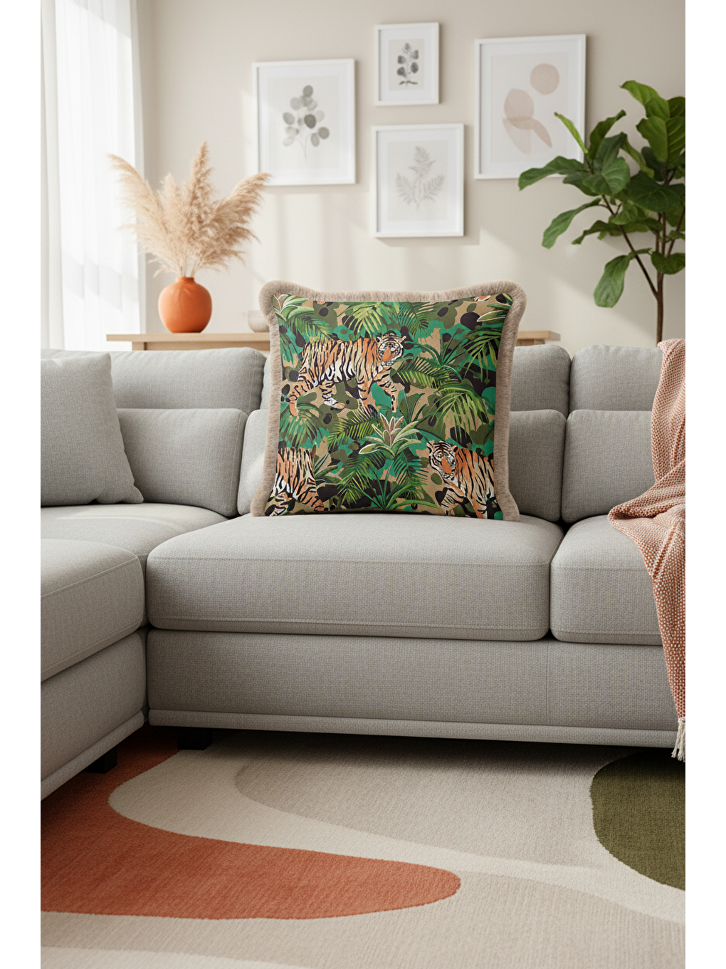 Karışık Egzotik Kaplan Motifli Saçaklı Yastık Kılıfı - Tropikal Boho Yeşil Bej Püsküllü Kırlent Kılıfı-3