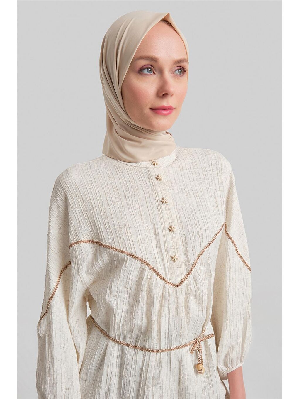 Bej Şerit Bağcıklı Bluz 24Y3537 Ekru-2