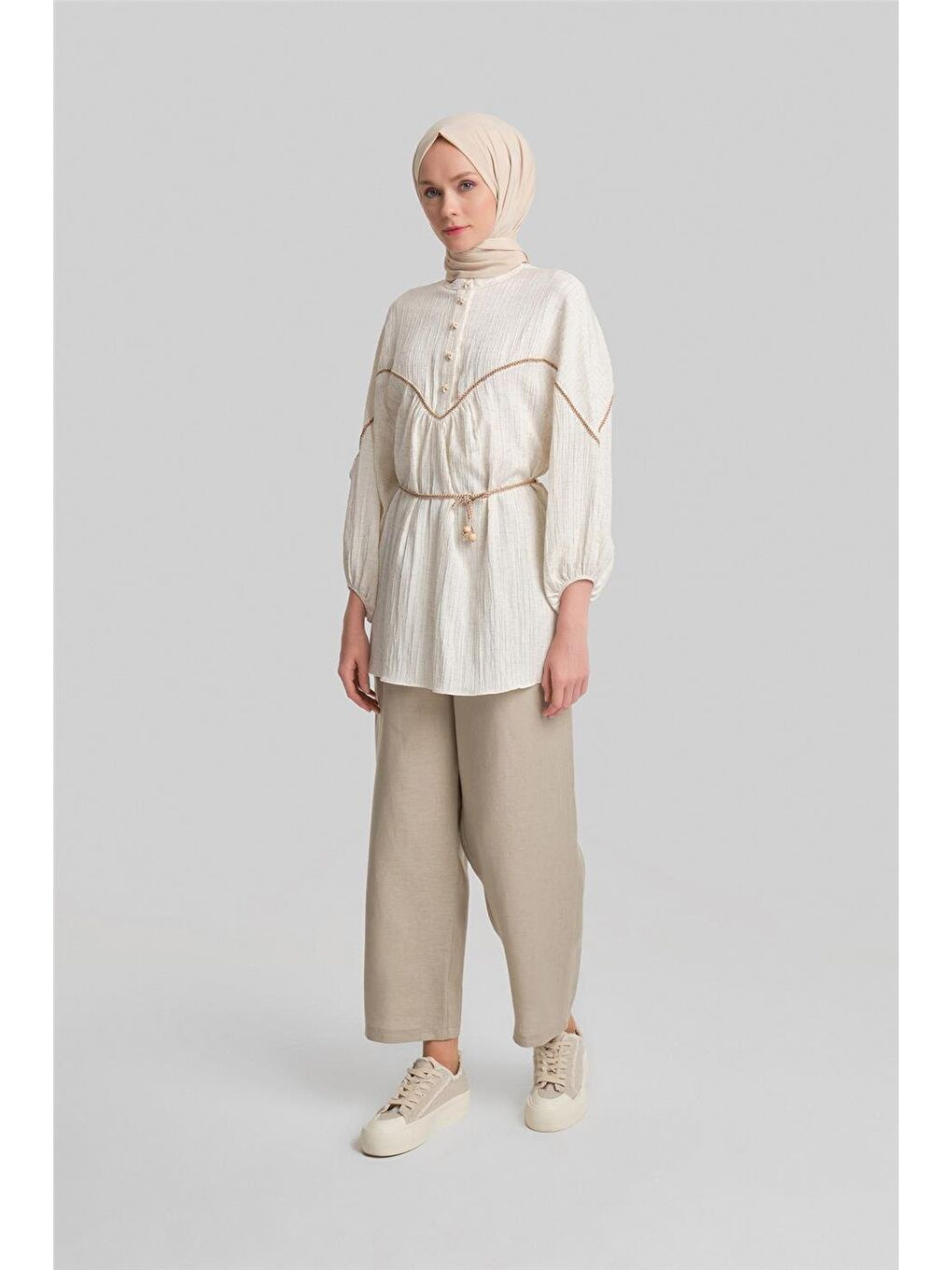 Bej Şerit Bağcıklı Bluz 24Y3537 Ekru-3