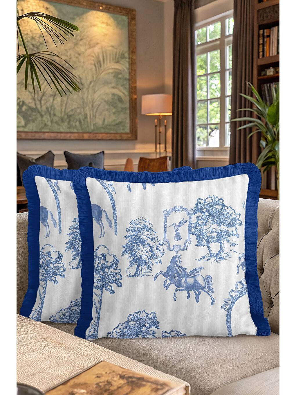 Karışık Klasik Fransız Stil Saçaklı Yastık Kılıfı - Vintage Country Mavi Naturel Püsküllü Kırlent Kılıfı-7