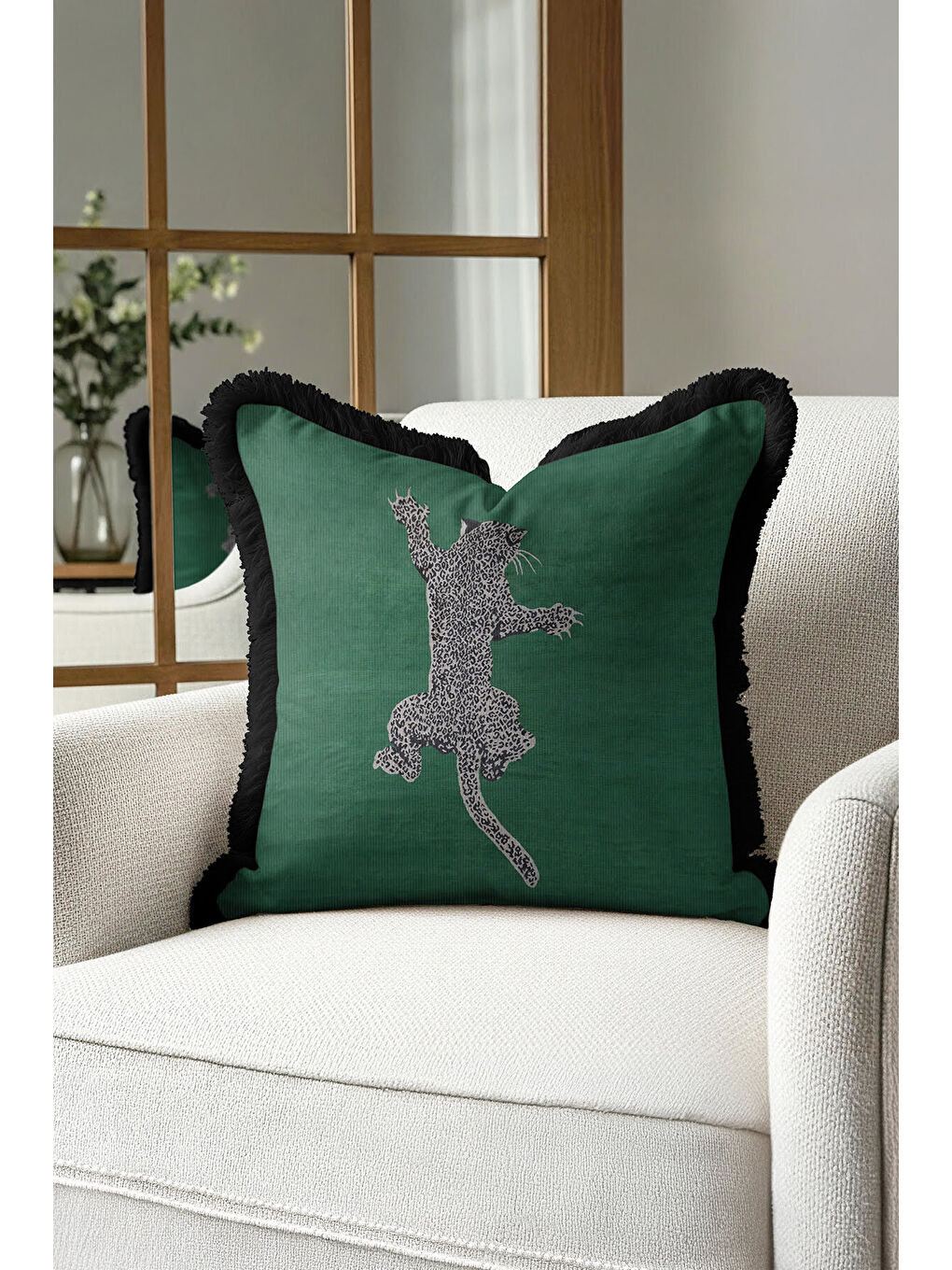 Karışık Leopar Figürlü Saçaklı Yastık Kılıfı - Vahşi Bohem Yeşil Siyah Püsküllü Kırlent Kılıfı