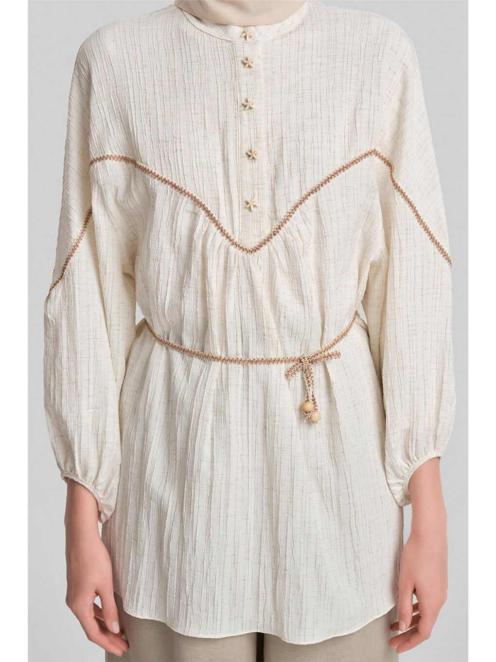 Bej Şerit Bağcıklı Bluz 24Y3537 Ekru-4
