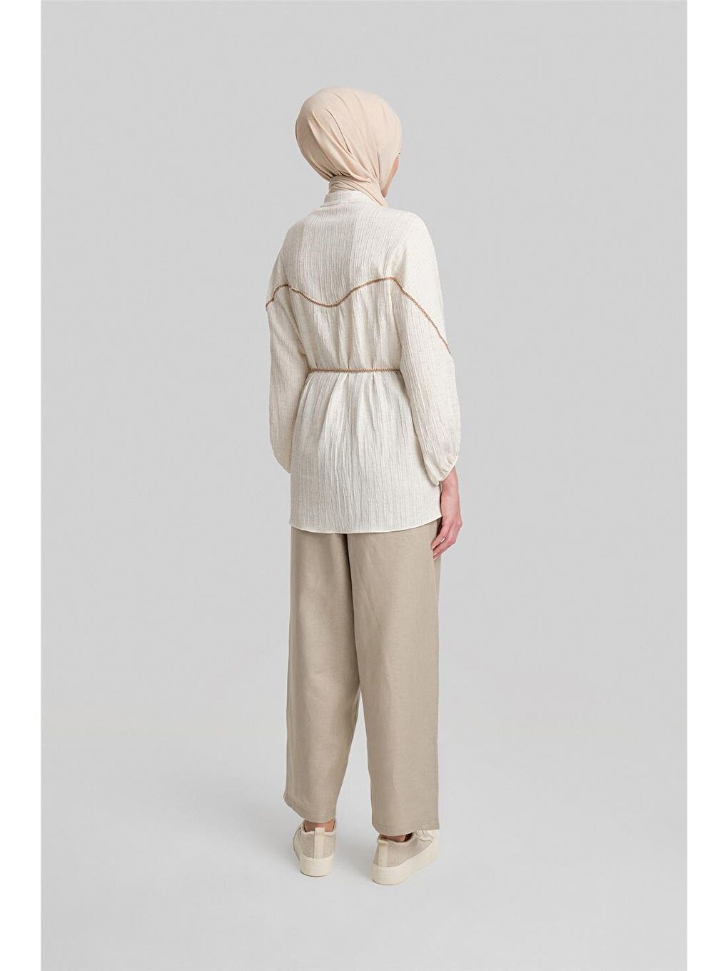 Bej Şerit Bağcıklı Bluz 24Y3537 Ekru-5