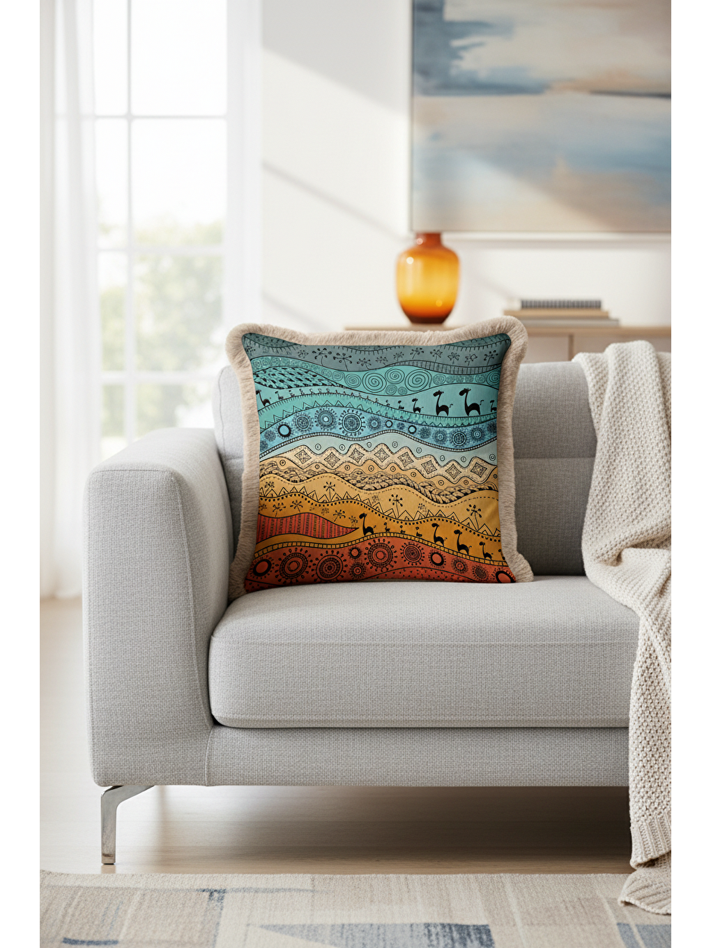 Karışık Etnik Afrika Motifli Saçaklı Yastık Kılıfı - Tribal Bohem Turuncu Yeşil Gri Püsküllü Kırlent Kılıfı-2