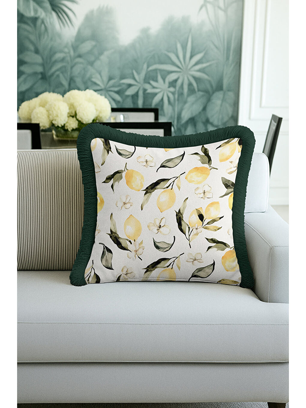 Karışık Limon Çiçek Bahar Saçaklı Yastık Kılıfı - Botanik Ferah Akdeniz Temalı Yeşil Püsküllü Kırlent Kılıfı-2