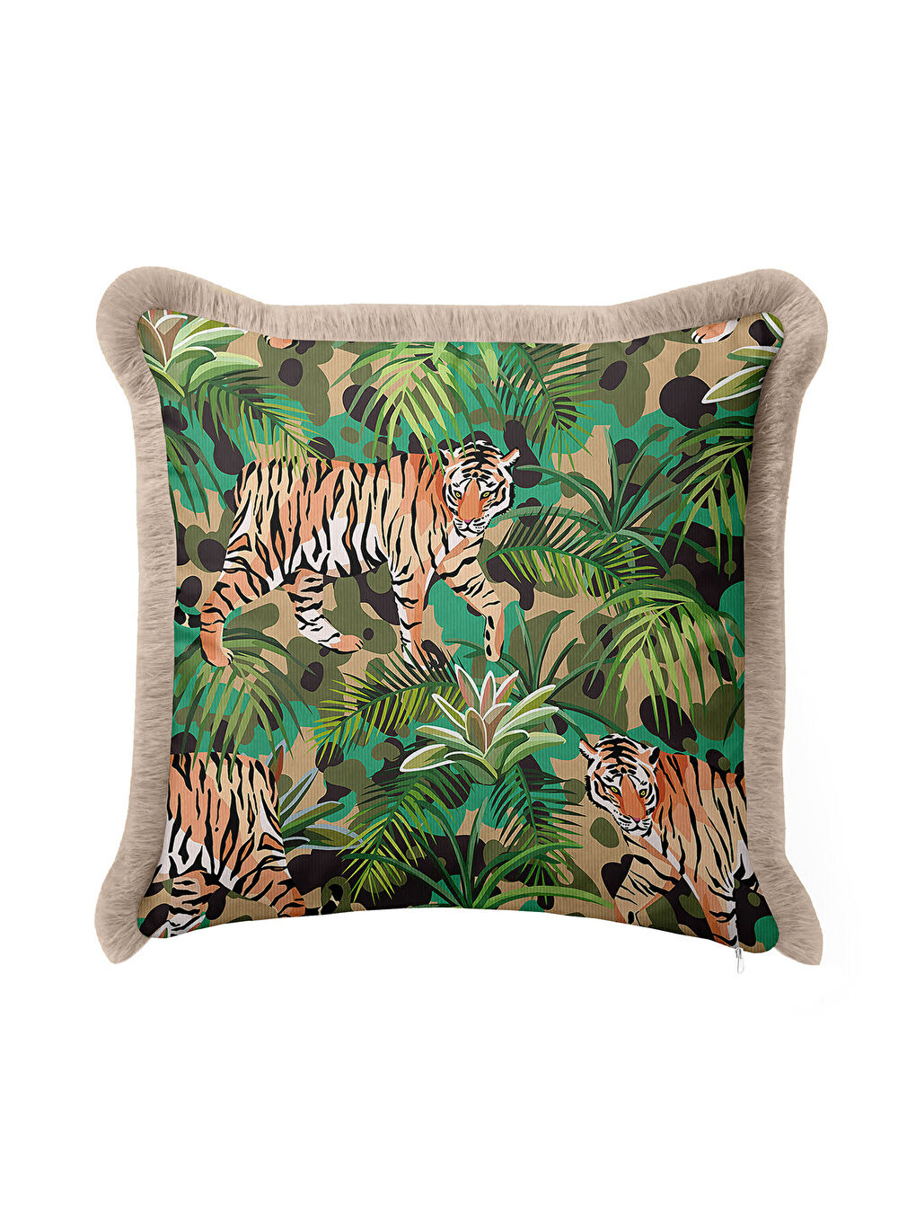 Karışık Egzotik Kaplan Motifli Saçaklı Yastık Kılıfı - Tropikal Boho Yeşil Bej Püsküllü Kırlent Kılıfı-4