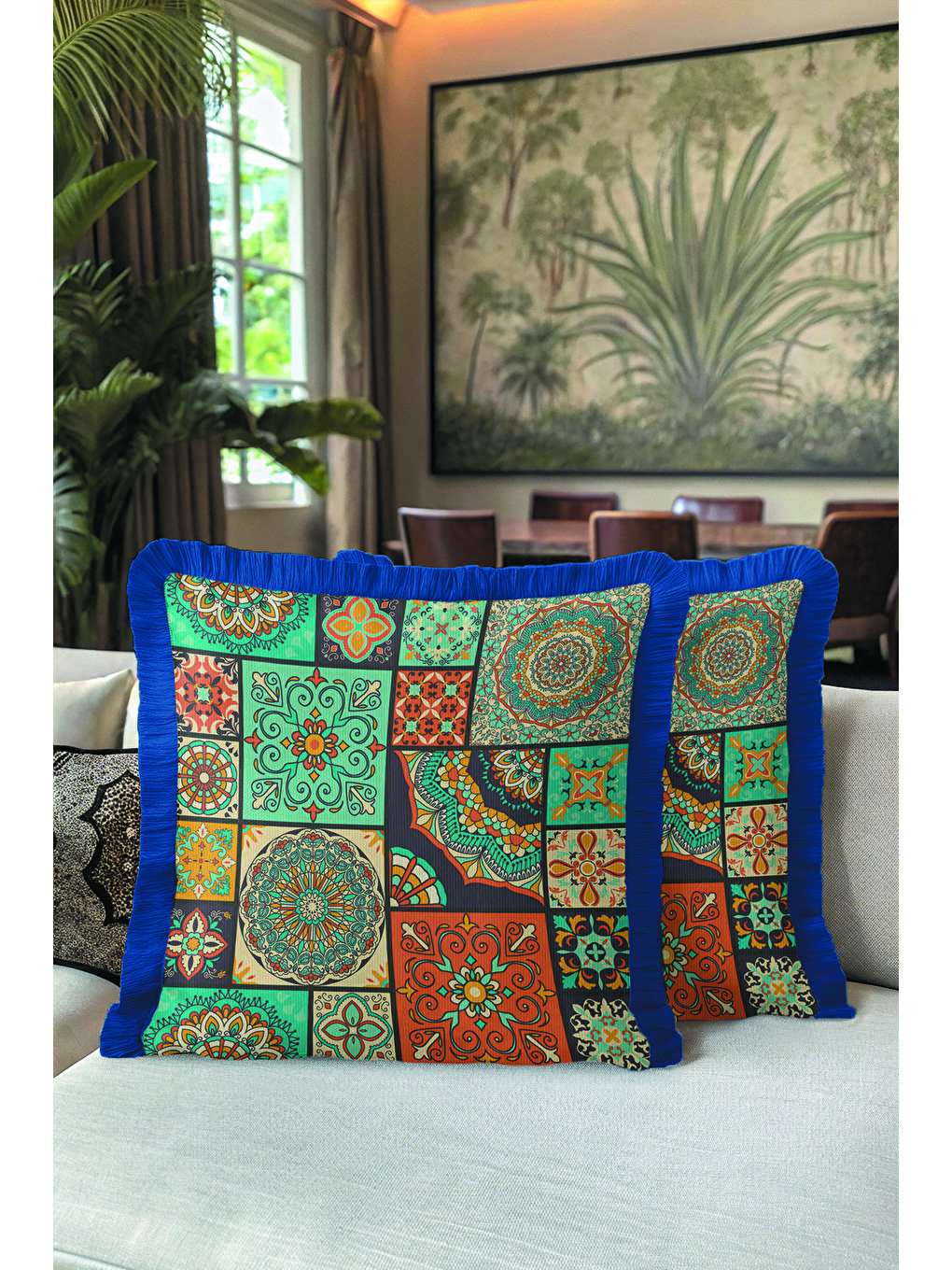 Karışık Ornamental Patchwork Saçaklı Yastık Kılıfı - Mandala Bohem Turkuaz Lacivert Püsküllü Kırlent Kılıfı-5