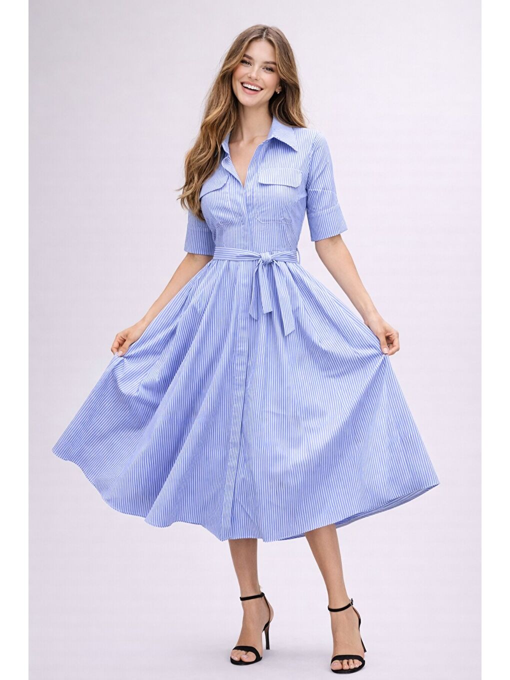 Mavi Çizgili Gömlek Yaka Midi Elbise – Rahat Kesim Günlük Şıklık-1