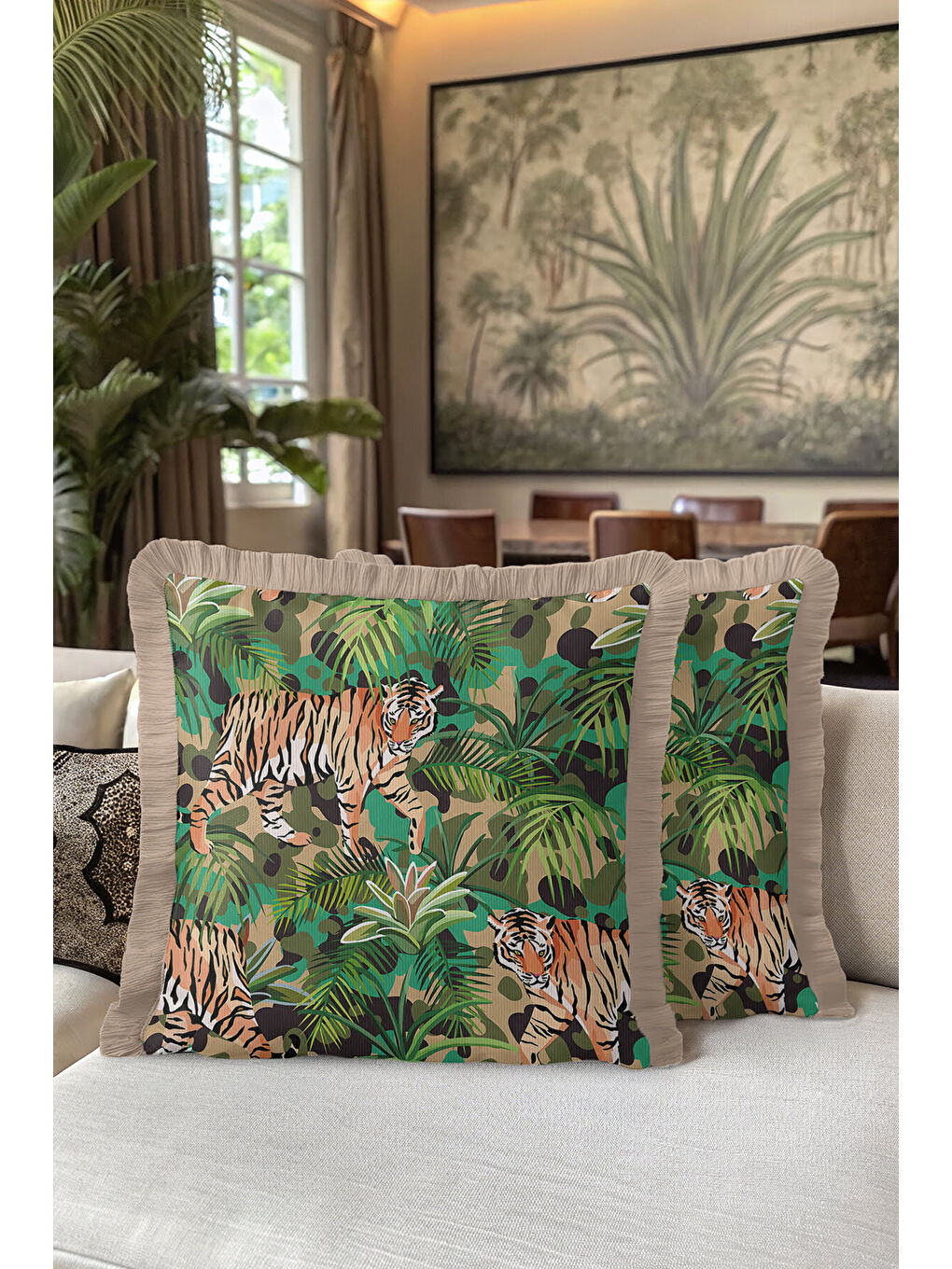Karışık Egzotik Kaplan Motifli Saçaklı Yastık Kılıfı - Tropikal Boho Yeşil Bej Püsküllü Kırlent Kılıfı-5