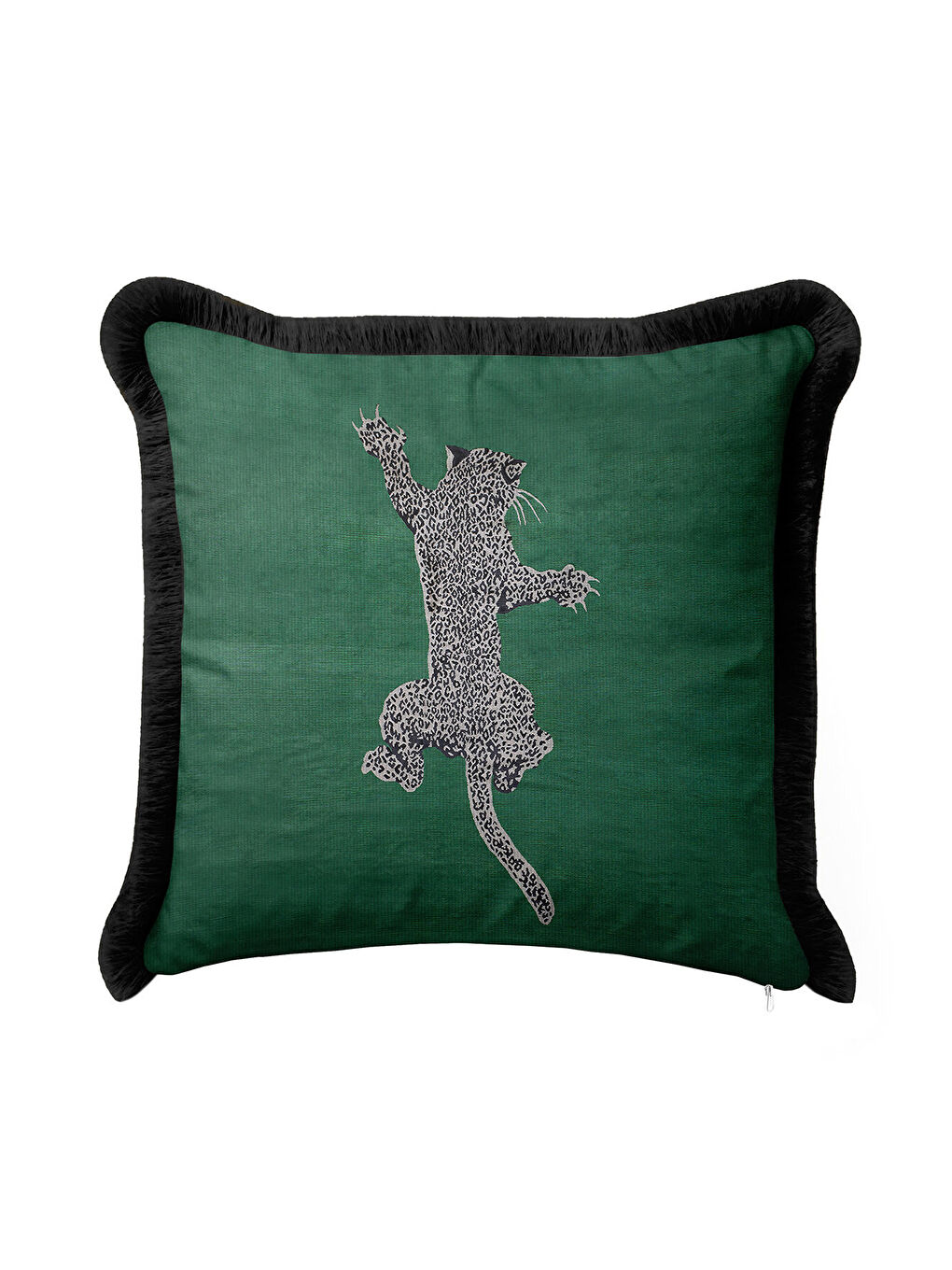Karışık Leopar Figürlü Saçaklı Yastık Kılıfı - Vahşi Bohem Yeşil Siyah Püsküllü Kırlent Kılıfı-2