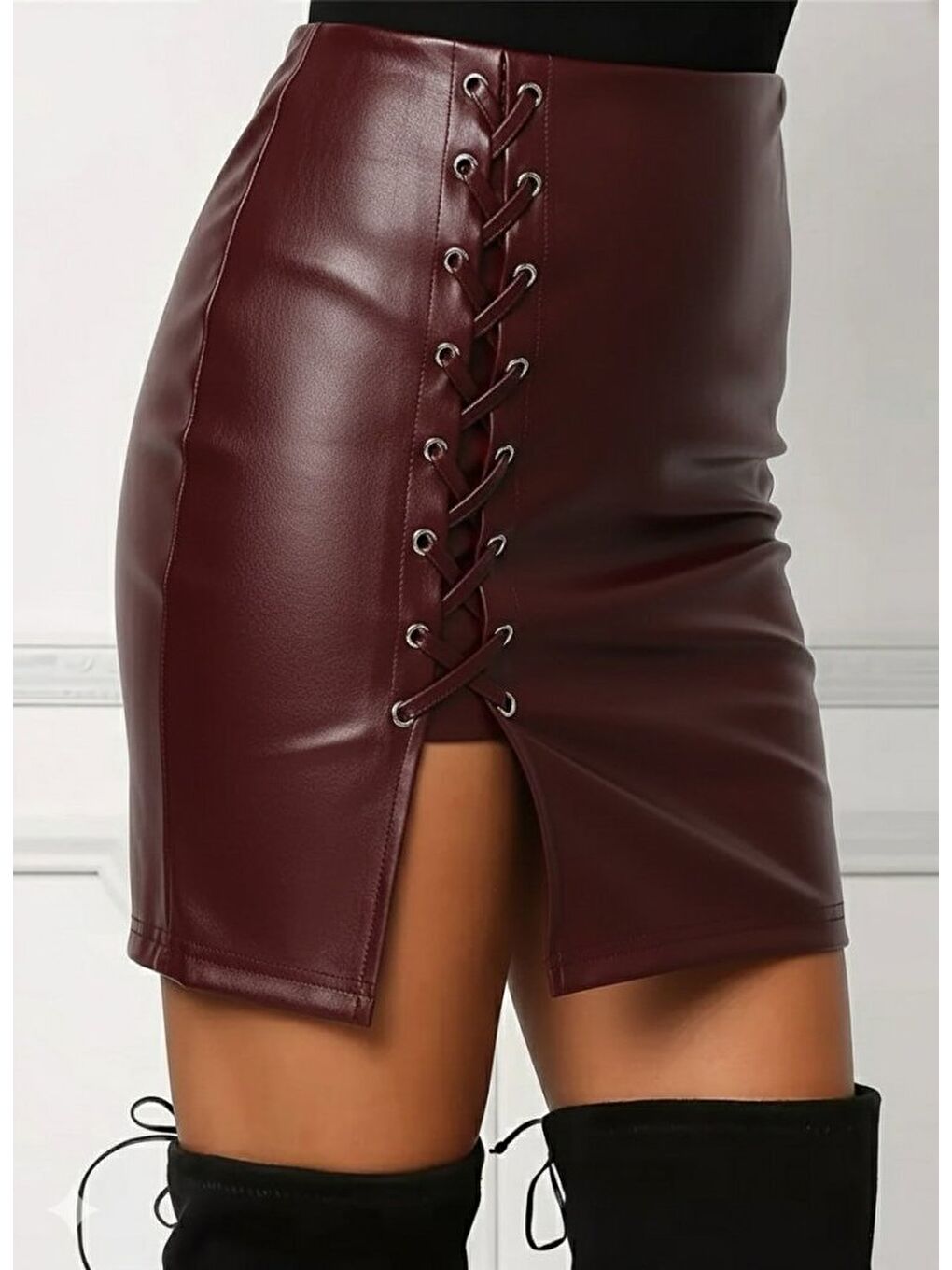 Bordo Kadın Yüksek Bel Yandan çapraz Bağcıklı Yırtmaçlı Mini Deri Etek-2