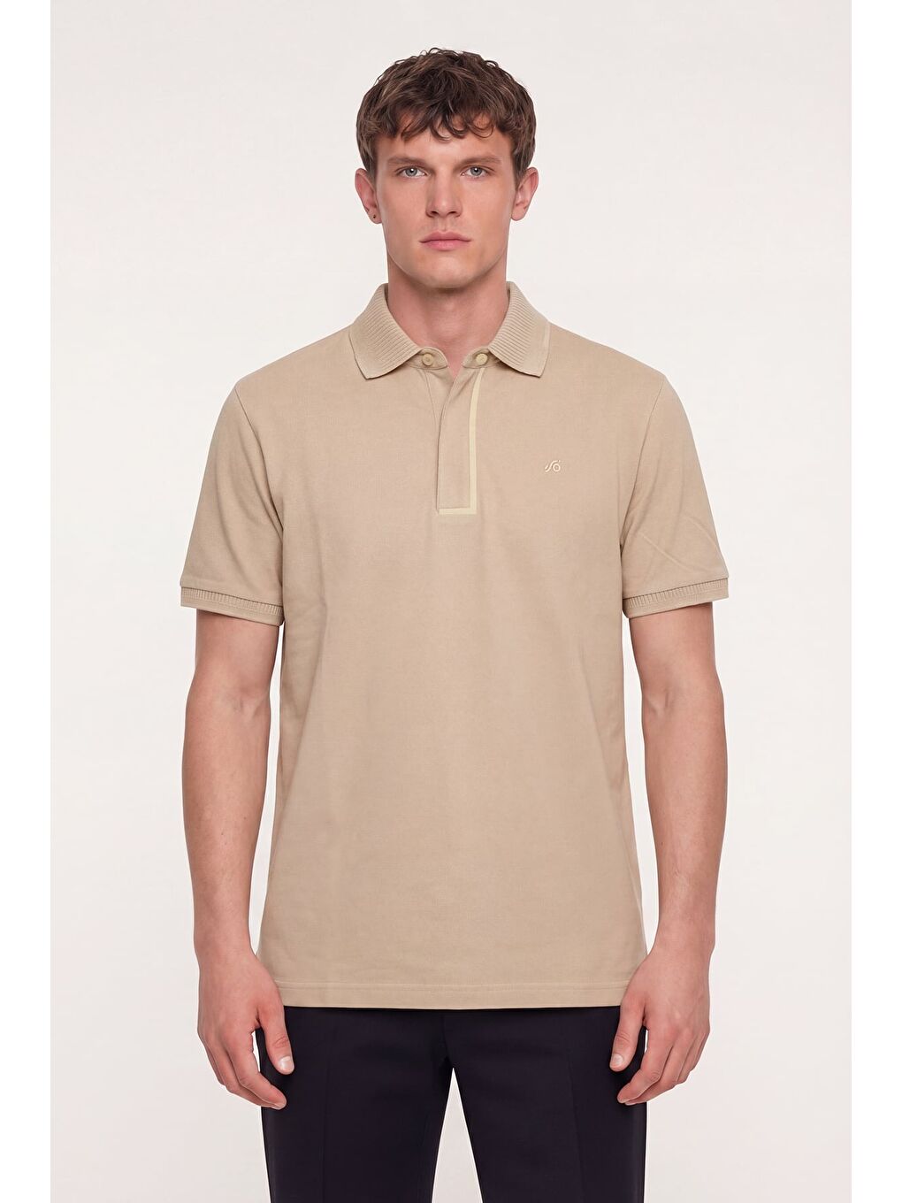 Bej Erkek Kum Dar Kesim Slim Fit %100 Pamuk Pike Polo Yaka T-Shirt