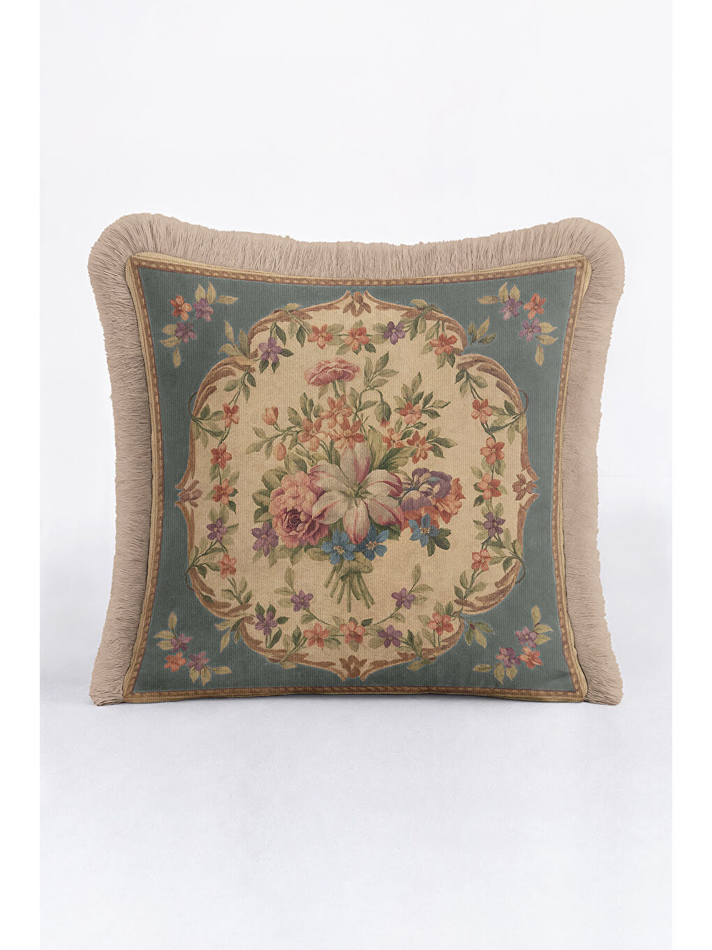 Karışık Fransız Saray Stil Saçaklı Yastık Kılıf - Vintage Çiçekli Nostaljik Bej Mavi Püsküllü Kırlent Kılıfı