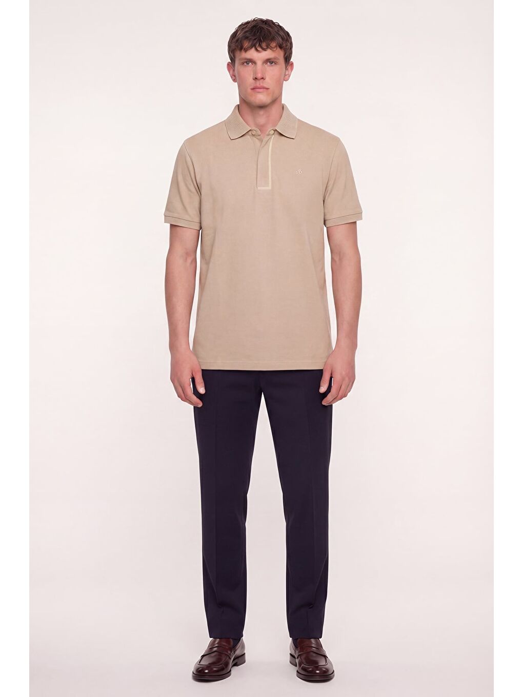 Bej Erkek Kum Dar Kesim Slim Fit %100 Pamuk Pike Polo Yaka T-Shirt-1