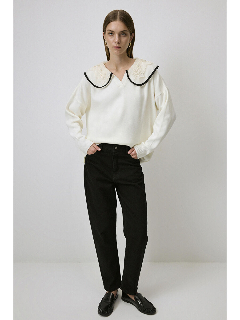 Ekru Yakası İşleme Detaylı Triko Kazak-2