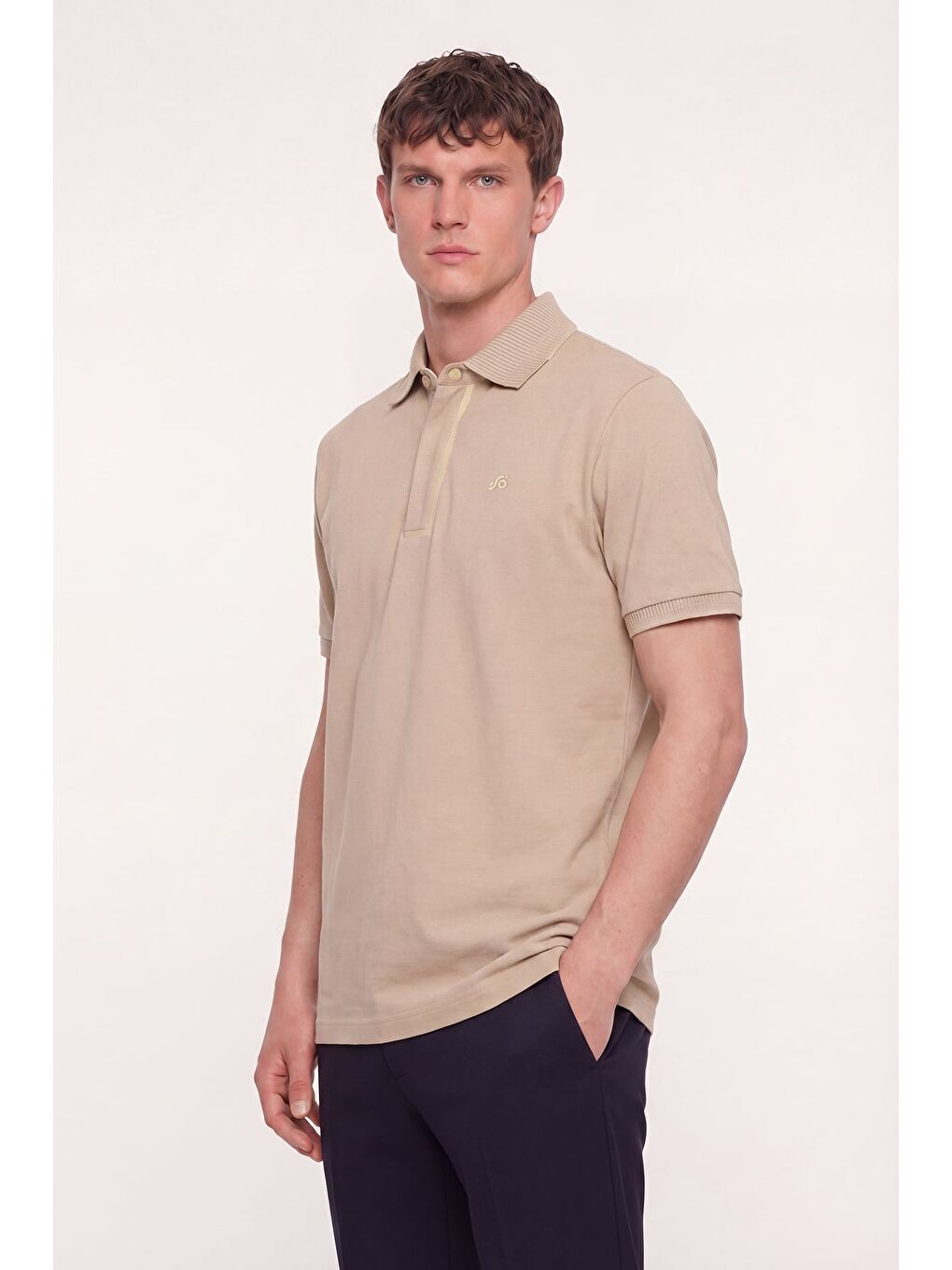 Bej Erkek Kum Dar Kesim Slim Fit %100 Pamuk Pike Polo Yaka T-Shirt-2