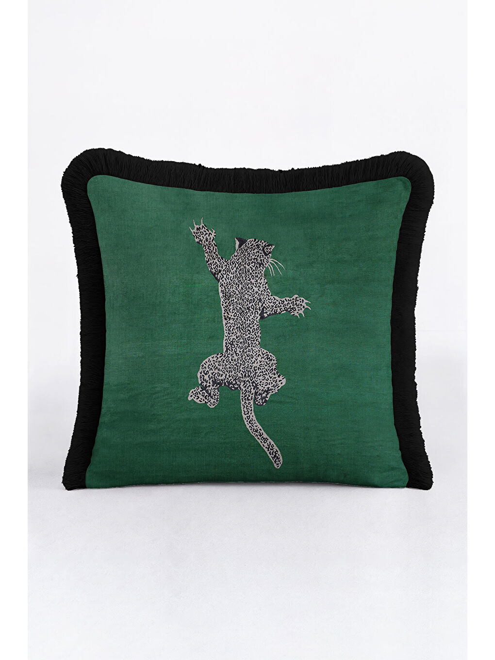 Karışık Leopar Figürlü Saçaklı Yastık Kılıfı - Vahşi Bohem Yeşil Siyah Püsküllü Kırlent Kılıfı-3