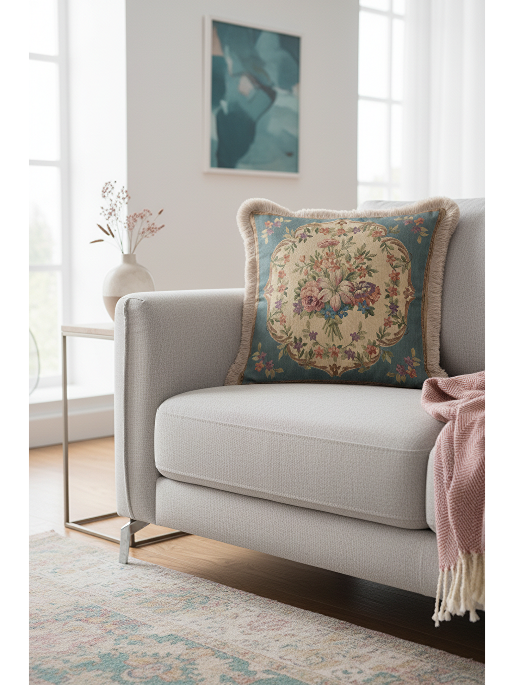 Karışık Fransız Saray Stil Saçaklı Yastık Kılıf - Vintage Çiçekli Nostaljik Bej Mavi Püsküllü Kırlent Kılıfı-1