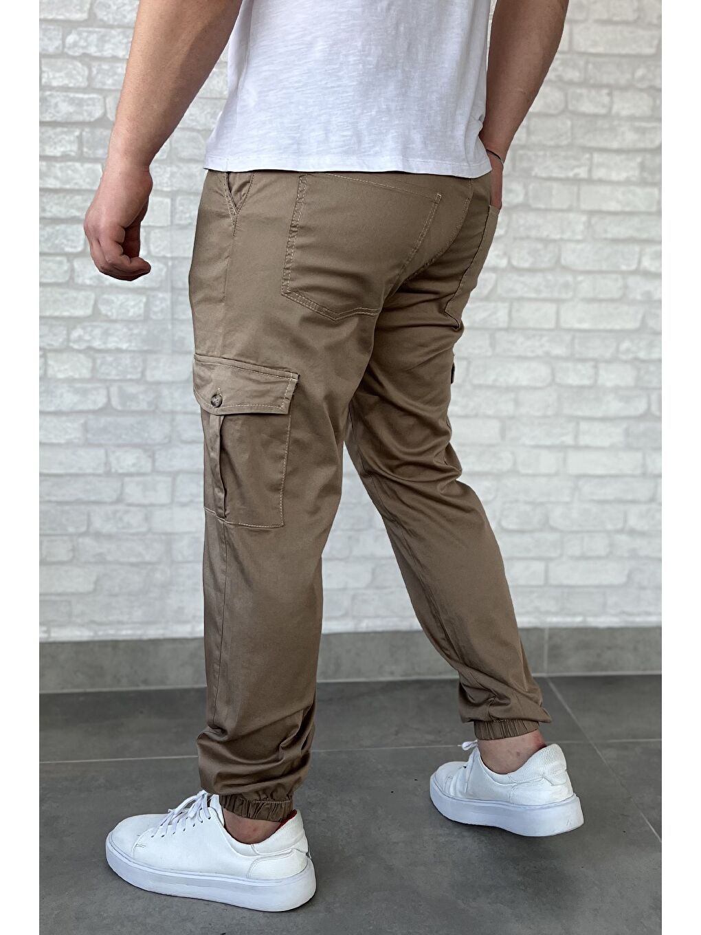 Bej Bel Ve Paça Lastikli Kargo Cep Gabardin Erkek Pantolon-2