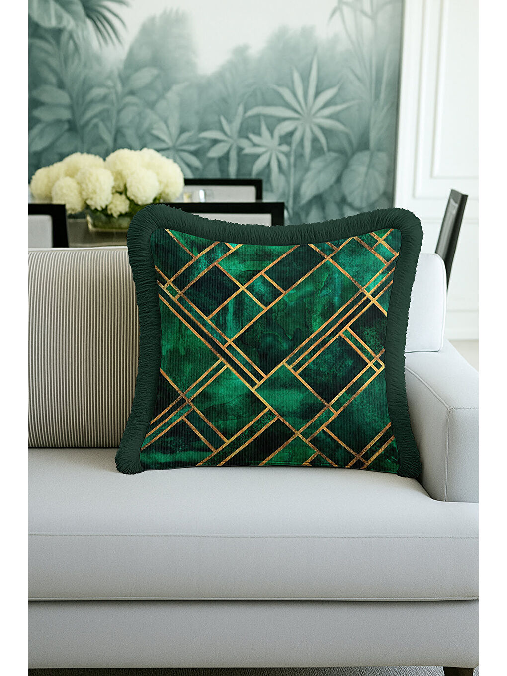 Karışık Geometrik Altın Çizgili Saçaklı Yastık Kılıfı - Lüks Art Deco Zümrüt Yeşili Püsküllü Kırlent Kılıfı