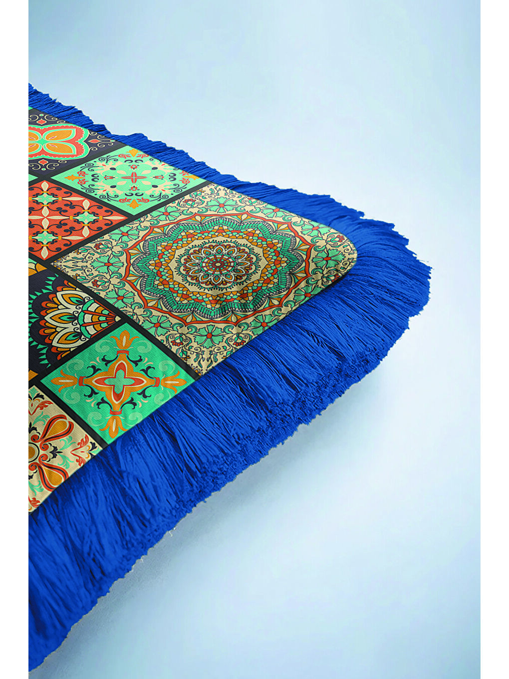 Karışık Ornamental Patchwork Saçaklı Yastık Kılıfı - Mandala Bohem Turkuaz Lacivert Püsküllü Kırlent Kılıfı-6