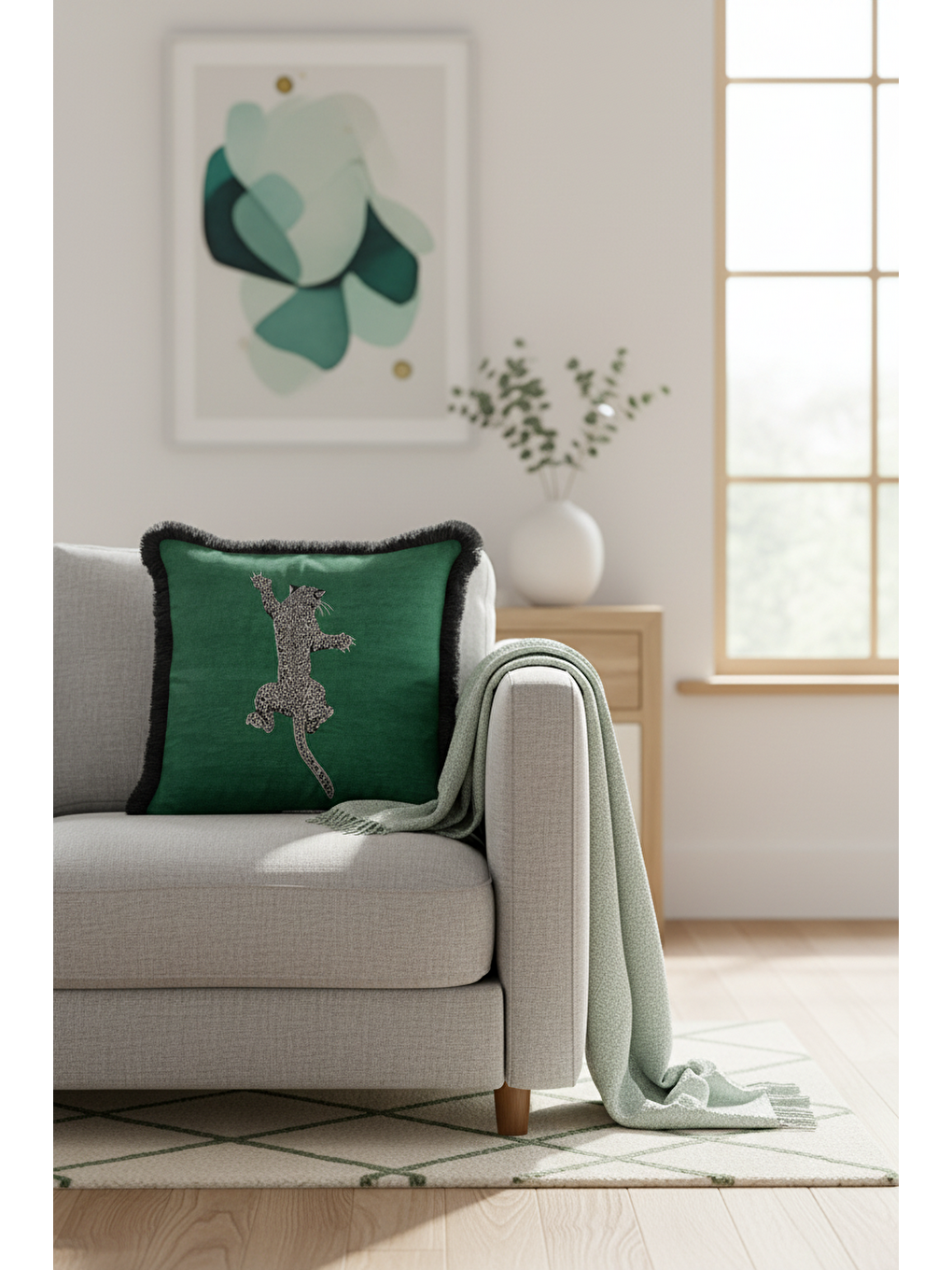 Karışık Leopar Figürlü Saçaklı Yastık Kılıfı - Vahşi Bohem Yeşil Siyah Püsküllü Kırlent Kılıfı-4