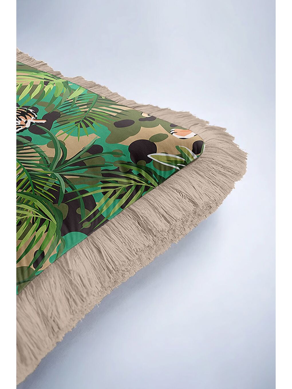 Karışık Egzotik Kaplan Motifli Saçaklı Yastık Kılıfı - Tropikal Boho Yeşil Bej Püsküllü Kırlent Kılıfı-6