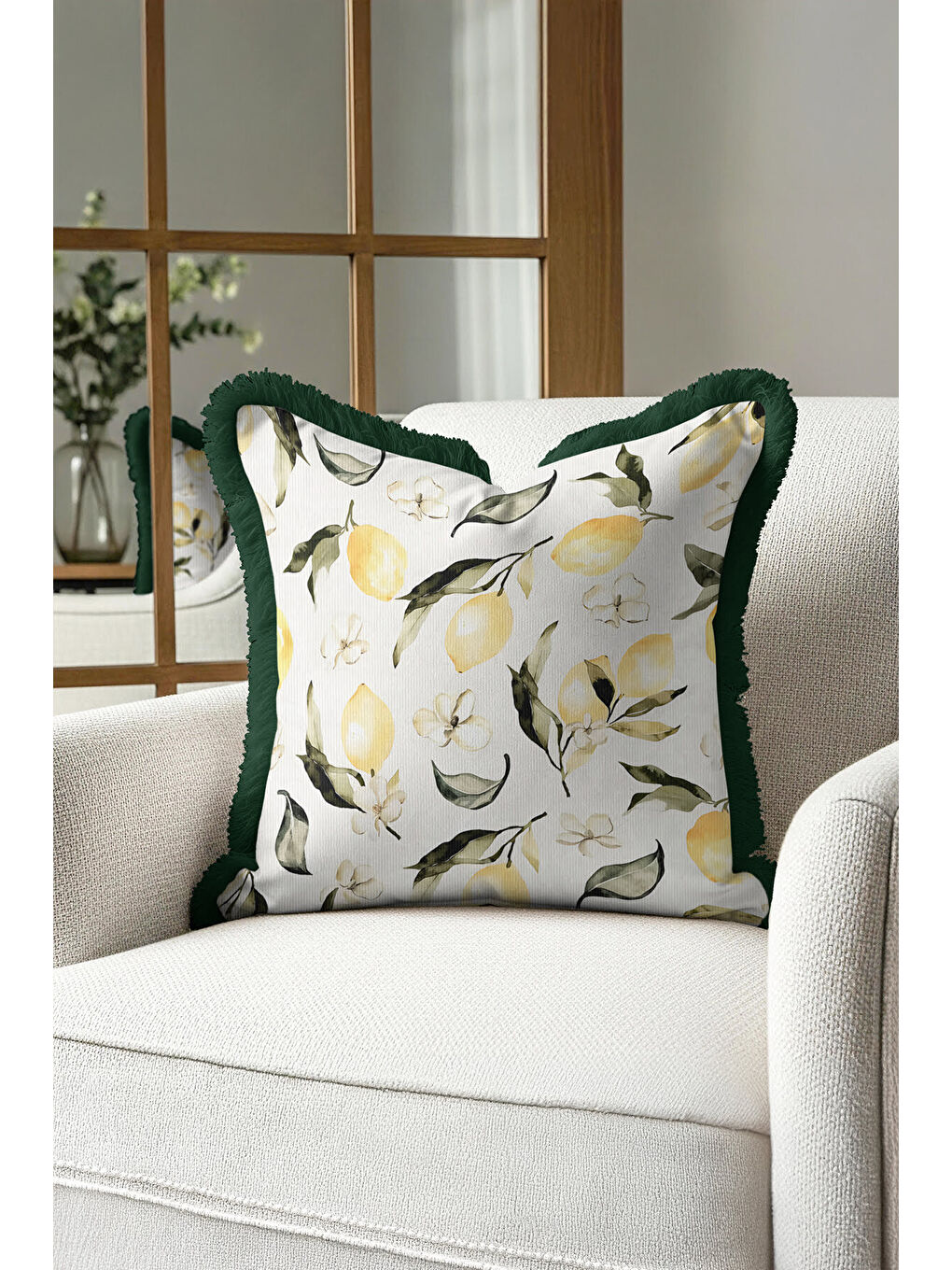 Karışık Limon Çiçek Bahar Saçaklı Yastık Kılıfı - Botanik Ferah Akdeniz Temalı Yeşil Püsküllü Kırlent Kılıfı-3