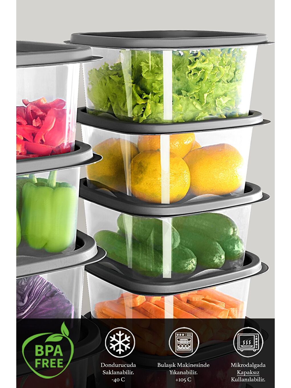 Gri 4 Adet Kare Erzak Gıda Saklama Kabı 1800 ml Antrasit-1