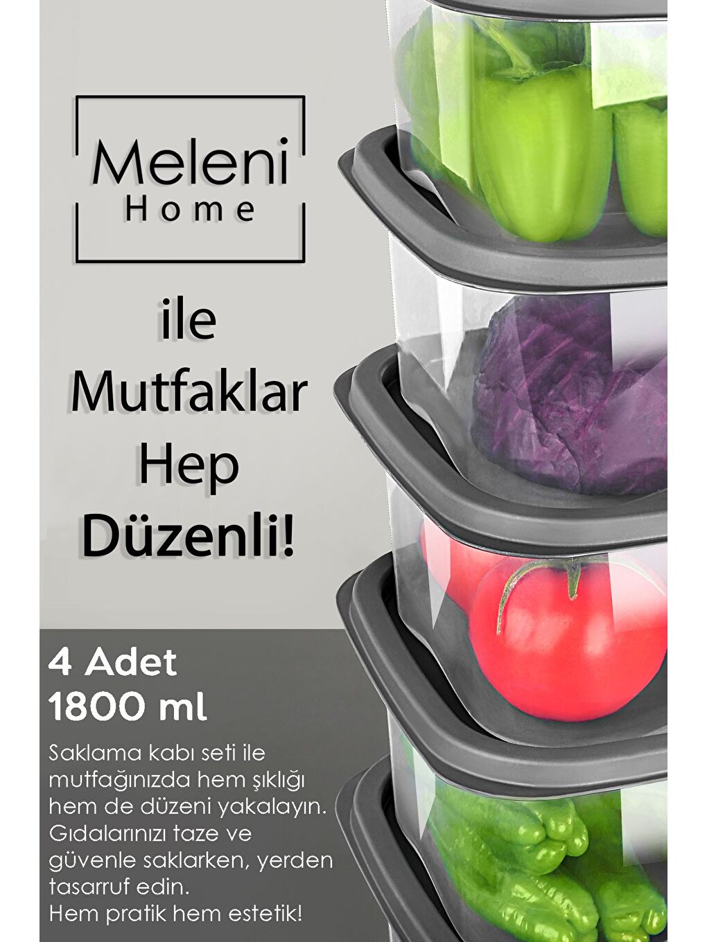 Gri 4 Adet Kare Erzak Gıda Saklama Kabı 1800 ml Antrasit-2
