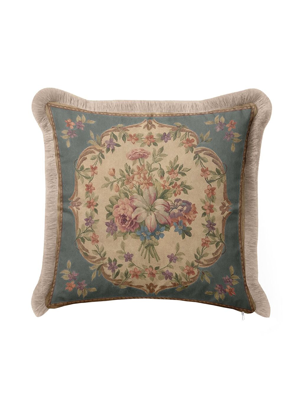 Karışık Fransız Saray Stil Saçaklı Yastık Kılıf - Vintage Çiçekli Nostaljik Bej Mavi Püsküllü Kırlent Kılıfı-2