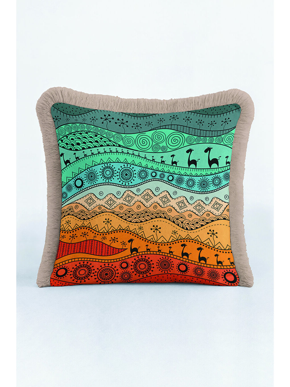 Karışık Etnik Afrika Motifli Saçaklı Yastık Kılıfı - Tribal Bohem Turuncu Yeşil Gri Püsküllü Kırlent Kılıfı-3