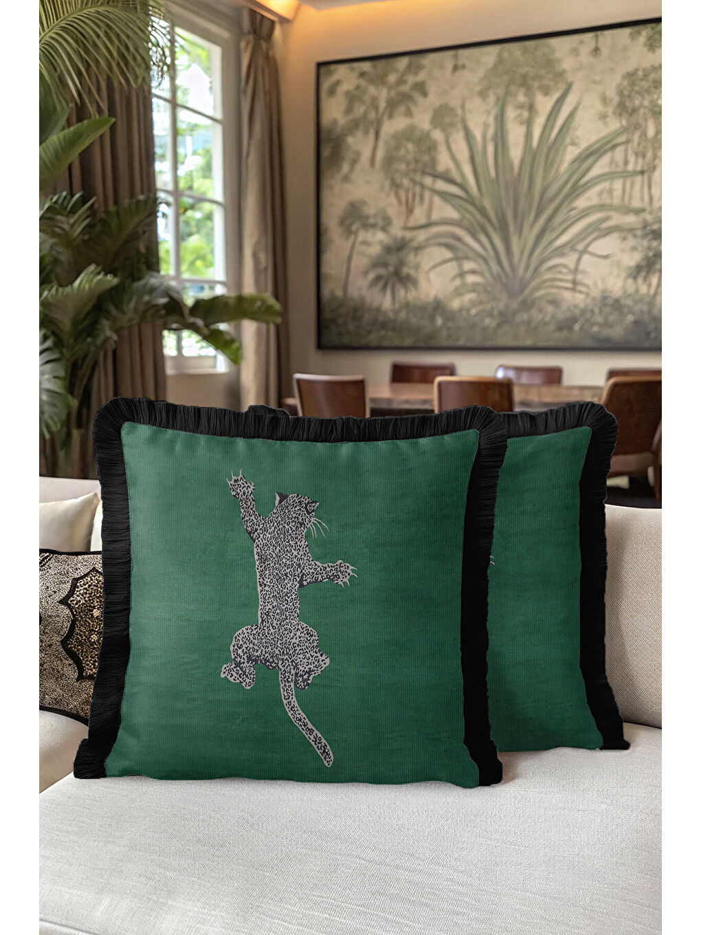 Karışık Leopar Figürlü Saçaklı Yastık Kılıfı - Vahşi Bohem Yeşil Siyah Püsküllü Kırlent Kılıfı-5