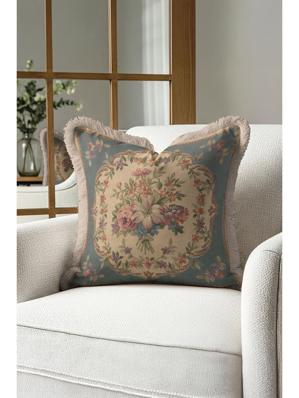 Karışık Fransız Saray Stil Saçaklı Yastık Kılıf - Vintage Çiçekli Nostaljik Bej Mavi Püsküllü Kırlent Kılıfı-3