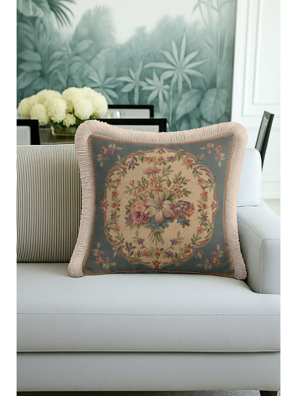 Karışık Fransız Saray Stil Saçaklı Yastık Kılıf - Vintage Çiçekli Nostaljik Bej Mavi Püsküllü Kırlent Kılıfı-4