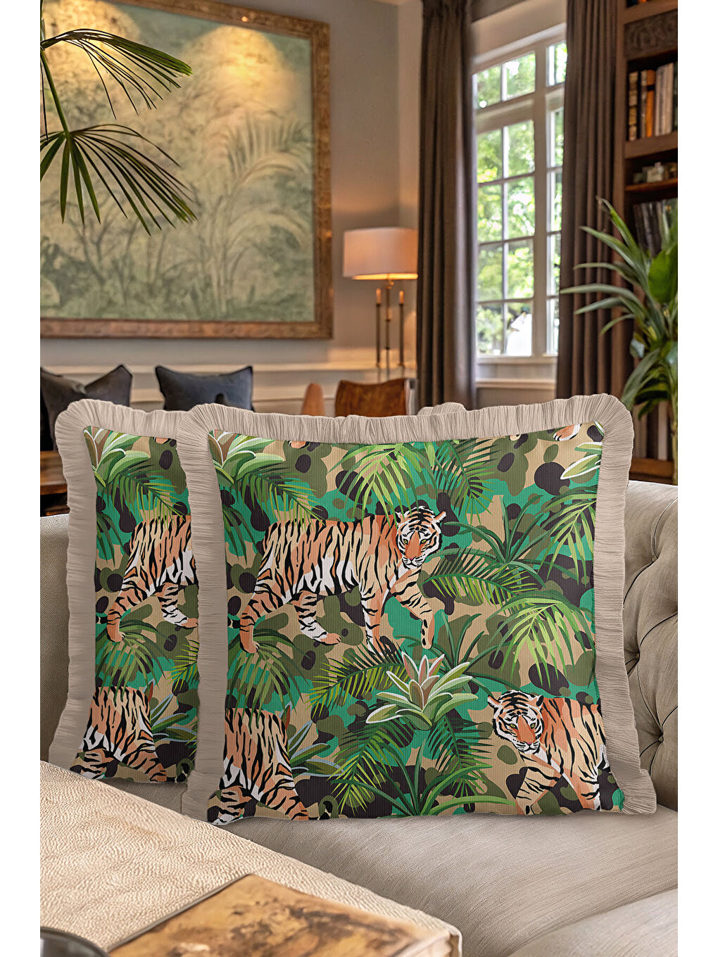 Karışık Egzotik Kaplan Motifli Saçaklı Yastık Kılıfı - Tropikal Boho Yeşil Bej Püsküllü Kırlent Kılıfı-7