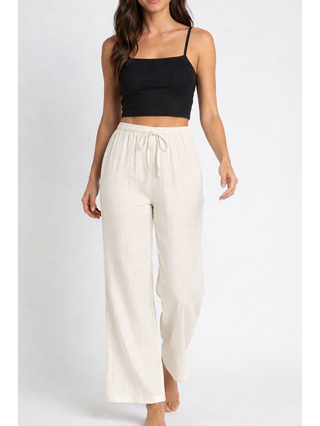 Bürümcük Kumaş Lastikli Bel Salaş Pantolon – Ekru Rahat Kesim Günlük Şıklık-1