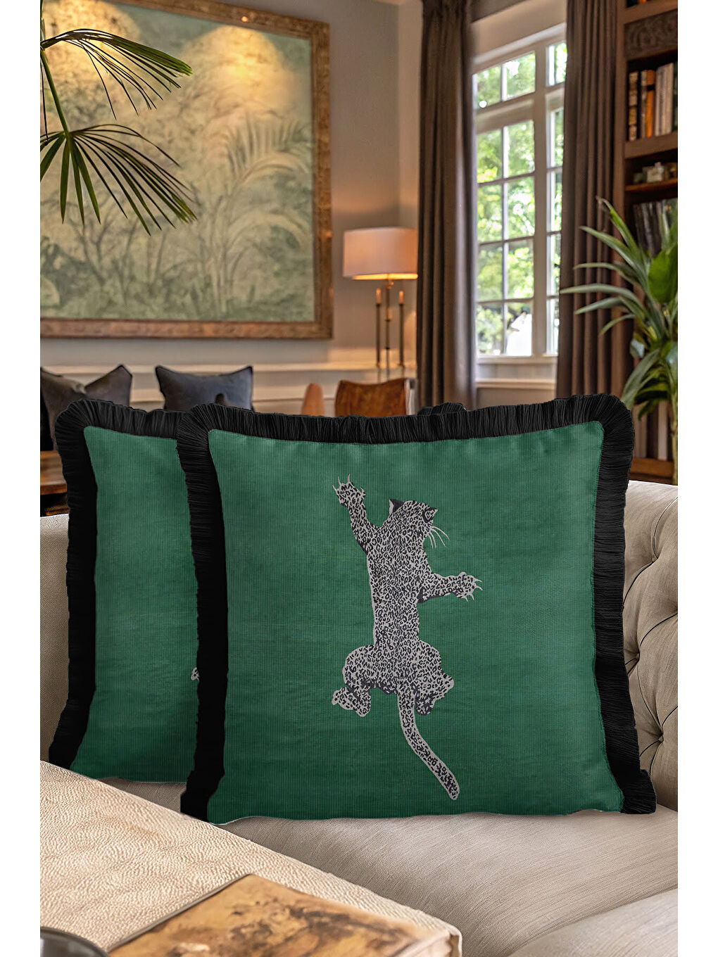 Karışık Leopar Figürlü Saçaklı Yastık Kılıfı - Vahşi Bohem Yeşil Siyah Püsküllü Kırlent Kılıfı-7