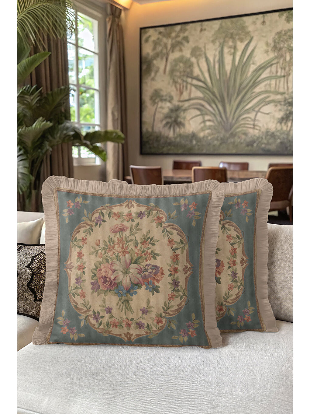 Karışık Fransız Saray Stil Saçaklı Yastık Kılıf - Vintage Çiçekli Nostaljik Bej Mavi Püsküllü Kırlent Kılıfı-5