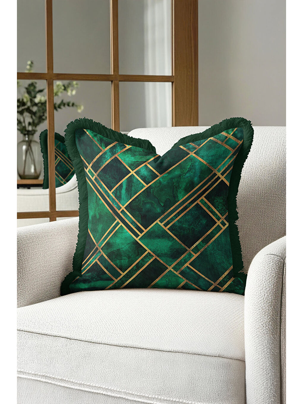 Karışık Geometrik Altın Çizgili Saçaklı Yastık Kılıfı - Lüks Art Deco Zümrüt Yeşili Püsküllü Kırlent Kılıfı-1