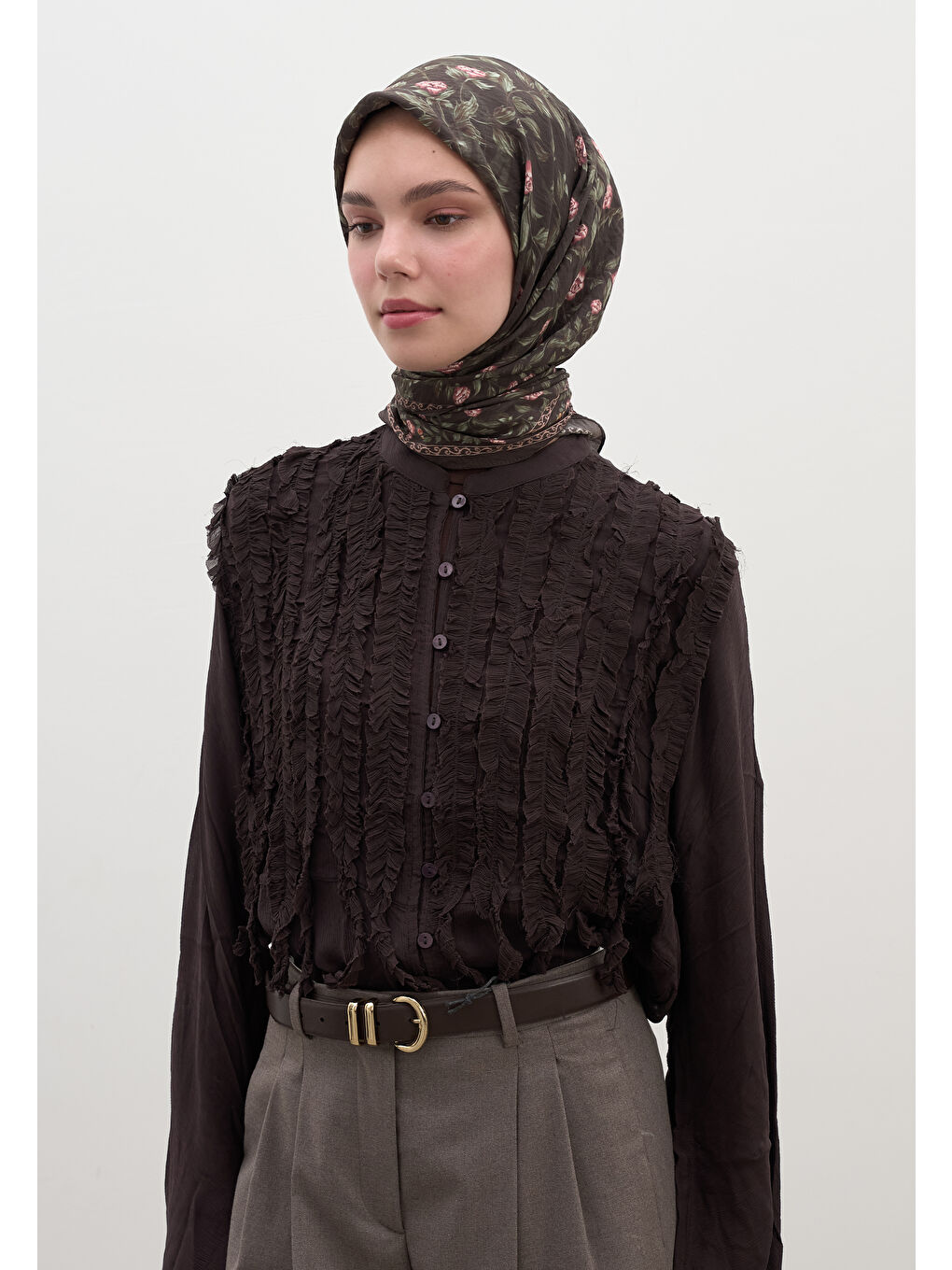 Kahverengi Leana Desen Pamuklu Viskon Eşarp Acı Kahve