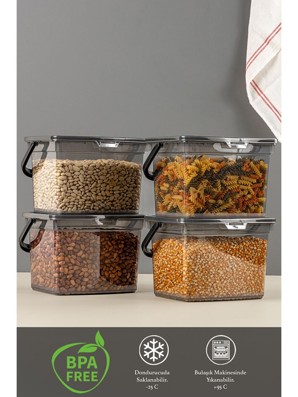 Antrasit 4'lü Set Çok Amaçlı Un Bakliyat Saklama Kabı Erzak Mutfak Saklama Kutusu Gri 4 lt-1