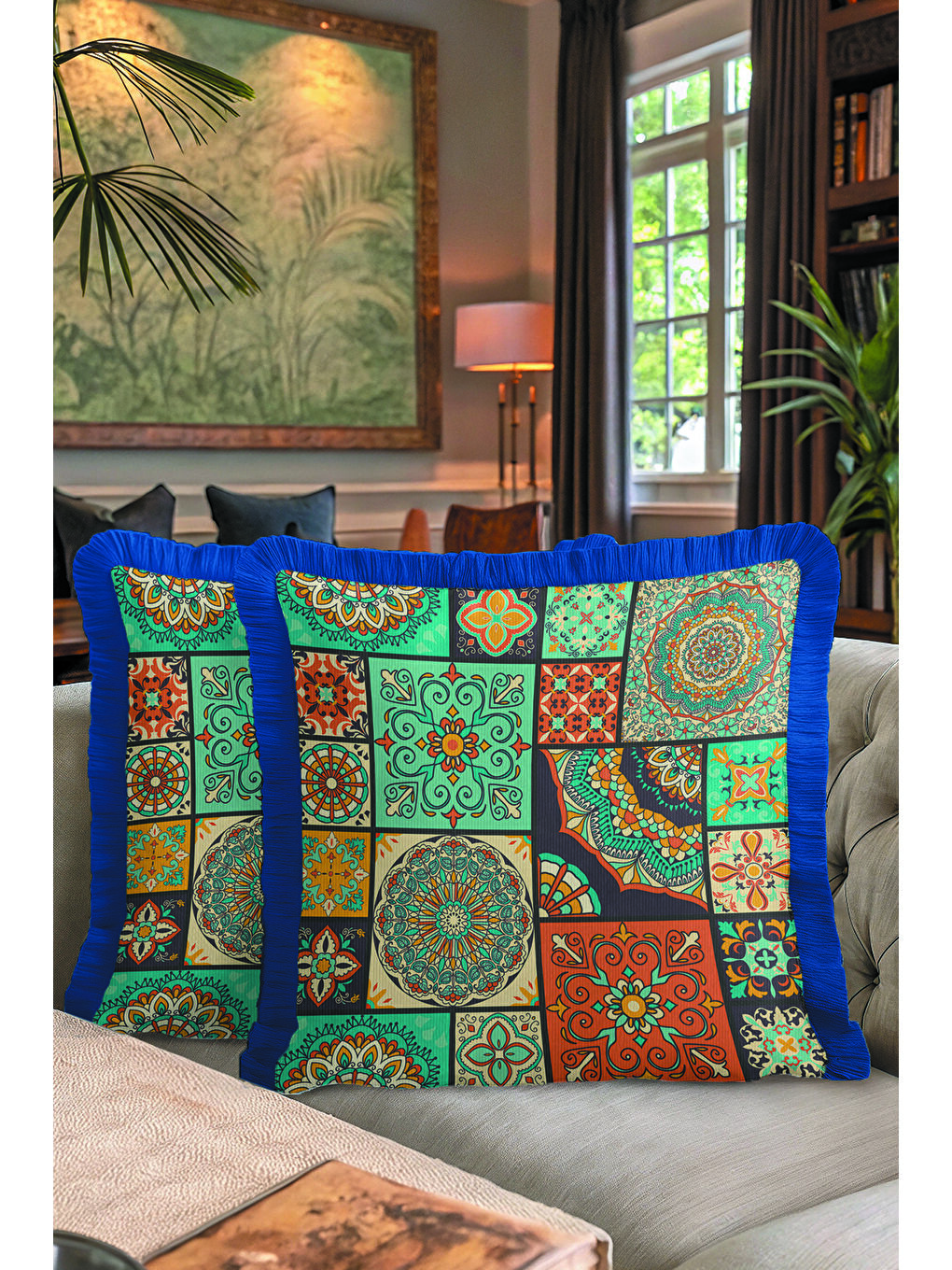 Karışık Ornamental Patchwork Saçaklı Yastık Kılıfı - Mandala Bohem Turkuaz Lacivert Püsküllü Kırlent Kılıfı-7