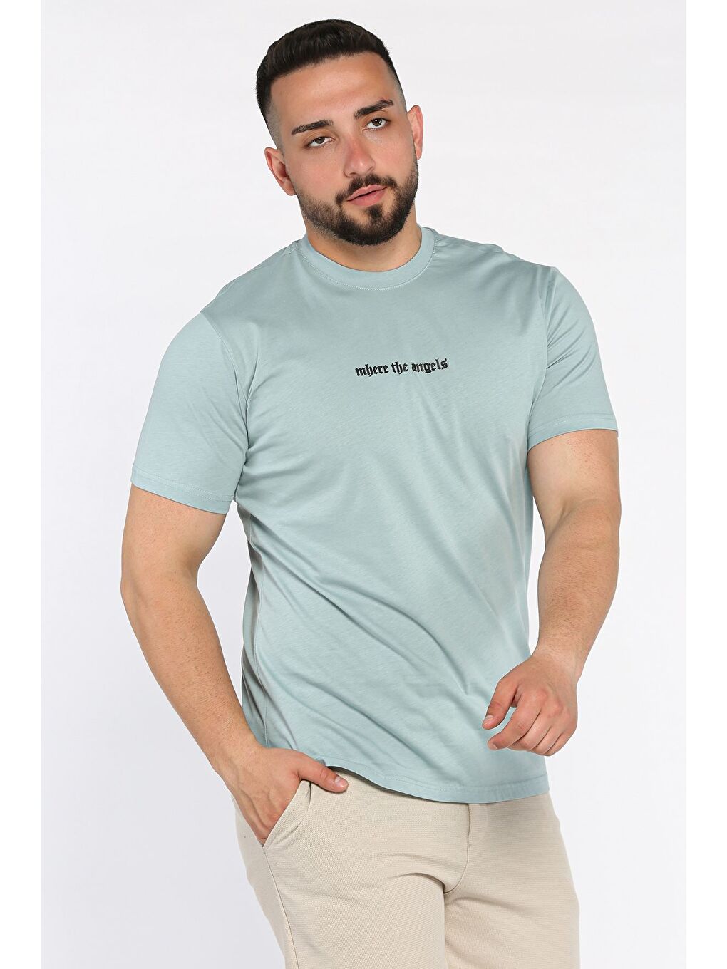 Yeşil Erkek Bisiklet Yaka Silikon Kabartma Baskılı Tişört-1