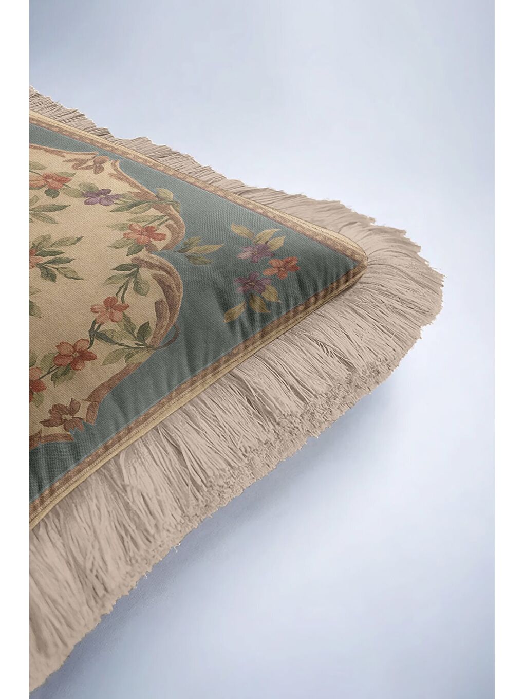 Karışık Fransız Saray Stil Saçaklı Yastık Kılıf - Vintage Çiçekli Nostaljik Bej Mavi Püsküllü Kırlent Kılıfı-6