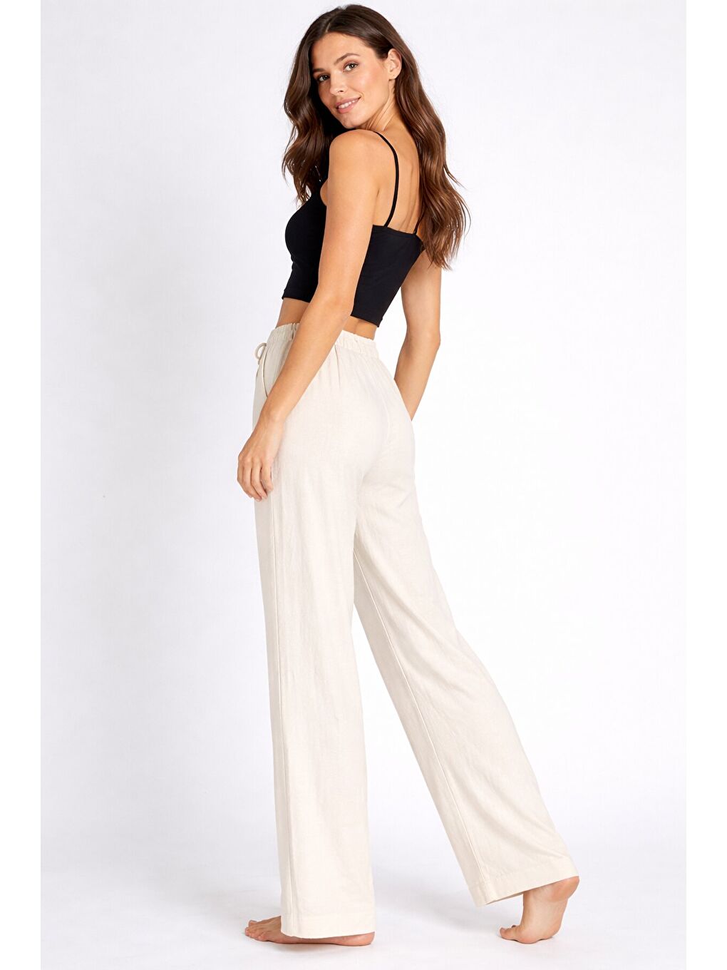 Bürümcük Kumaş Lastikli Bel Salaş Pantolon – Ekru Rahat Kesim Günlük Şıklık-2