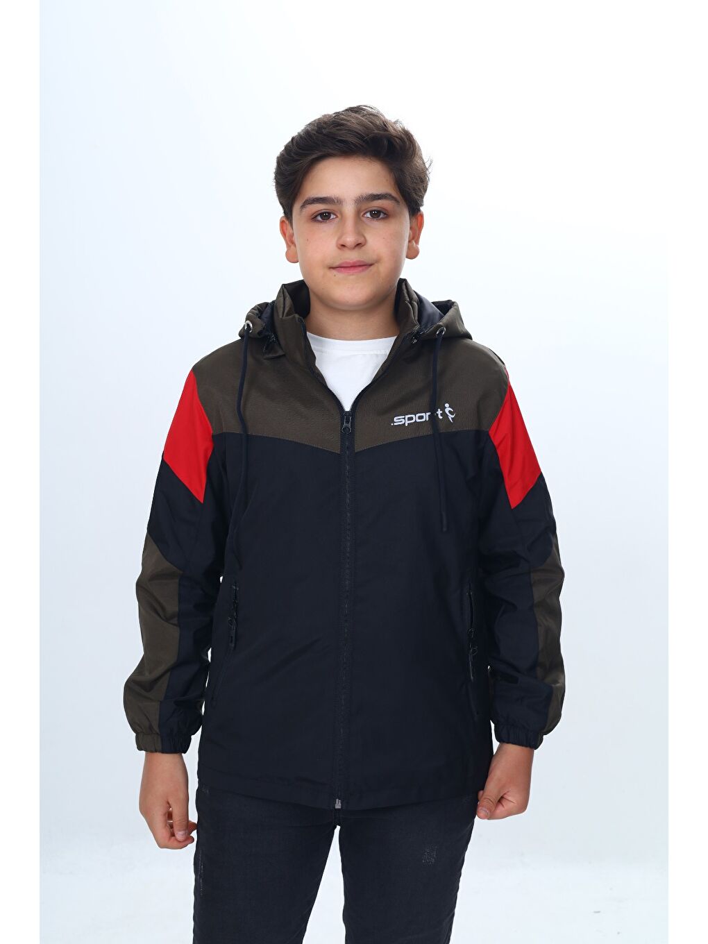 Haki Erkek Çocuk Sport Baskılı Kapüşonlu Yağmurluk