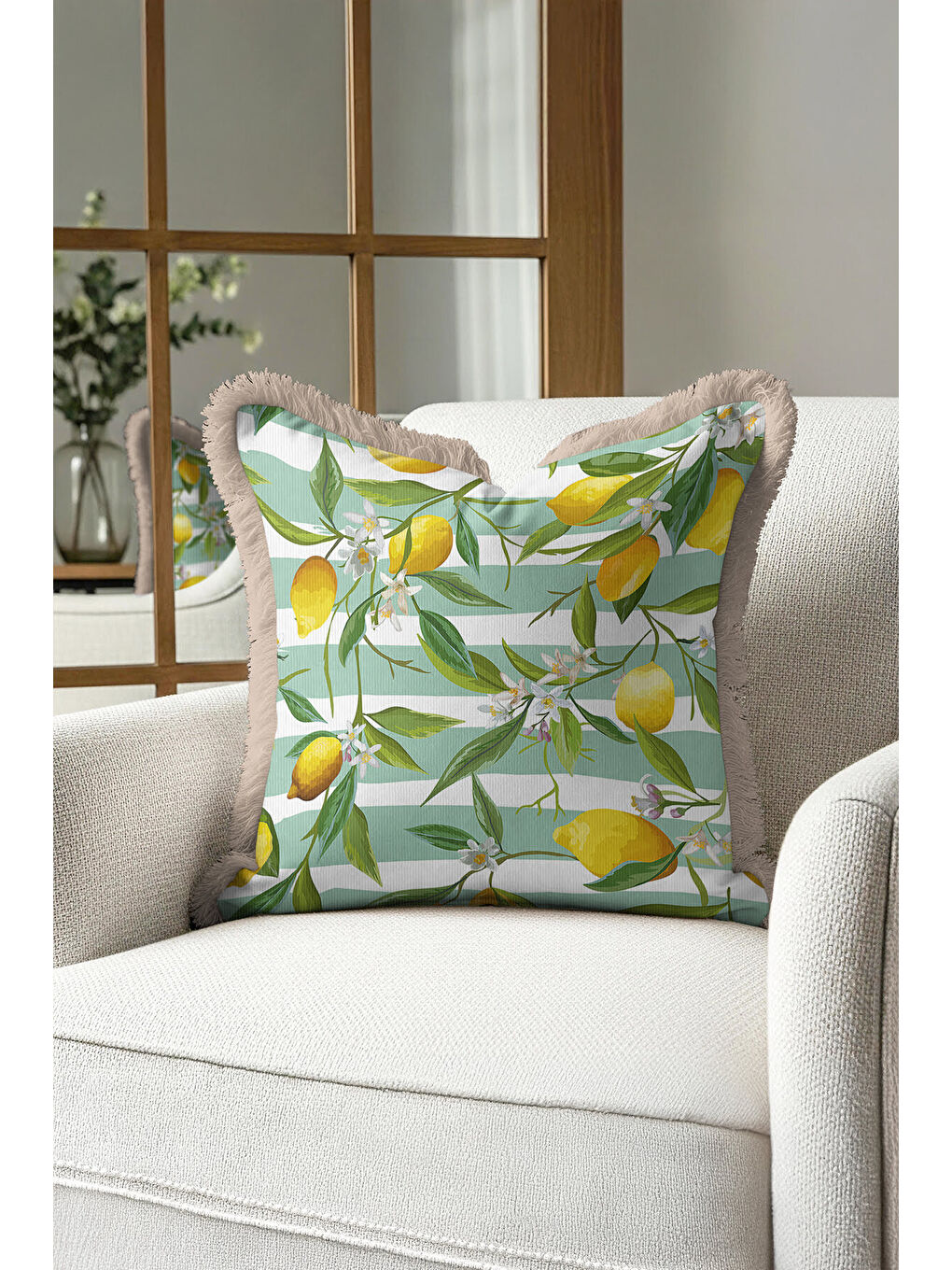 Karışık Limon Bahçesi Saçaklı Yastık Kılıfı - Akdeniz Country Yeşil Sarı Püsküllü Kırlent Kılıfı